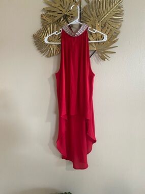 Embellished Halter High-Low Red Blouse